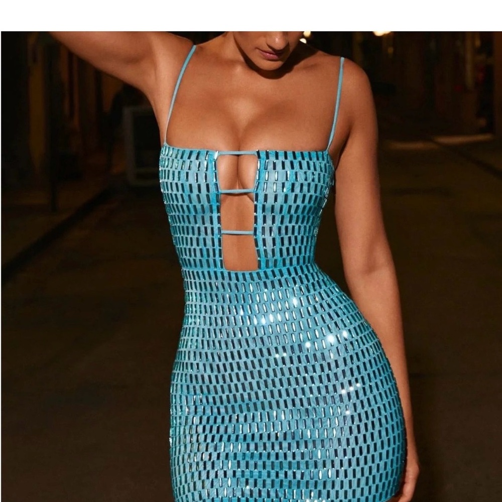Oh Polly Alanni Aqua Mirror-Effect Strappy Cutout Mini Dress